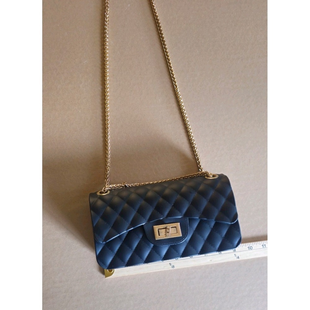 Women's Small Black Quilted Crossbody Or Shoulder Bag Gold Chain Strap Turn Lock - Picture 8 of 12